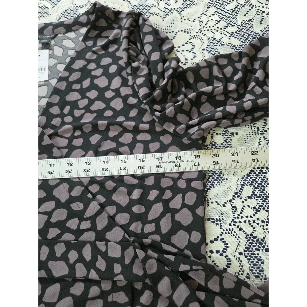 Ann Taylor Wrap Dress 14 Black/Gray Animal Print Midi Long Sleeve Stretch NWT‎